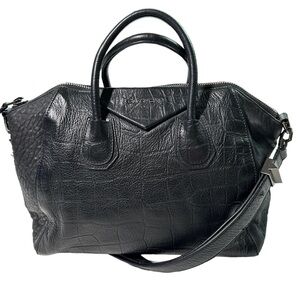 Vintage Givenchy Black Leather Croc Embossed Antigona Bag